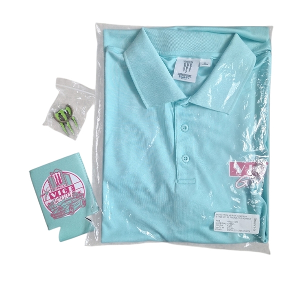 Monster Energy Vice Guava Aquamarine Men's Polo T-Shirt Key Chain Bundle Size XL - Picture 1 of 8